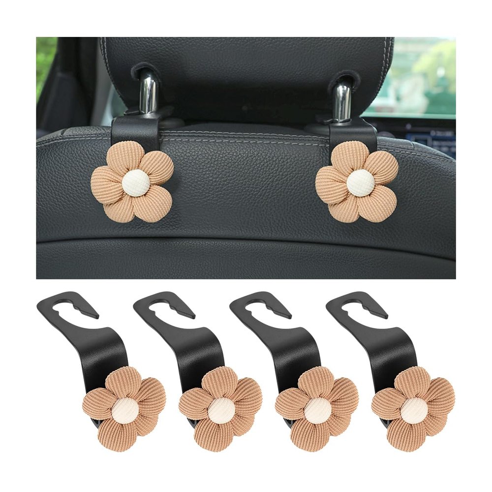 KHGUZ 4PCS Car Headrest Hooks, Cute Flower Vehicle Seat Organizer Hooks for Purses and Bags, Portable Automotive Purse Hanger Holder Decoration, Universal for SUV, Sedan, Truck (Orange/Black)