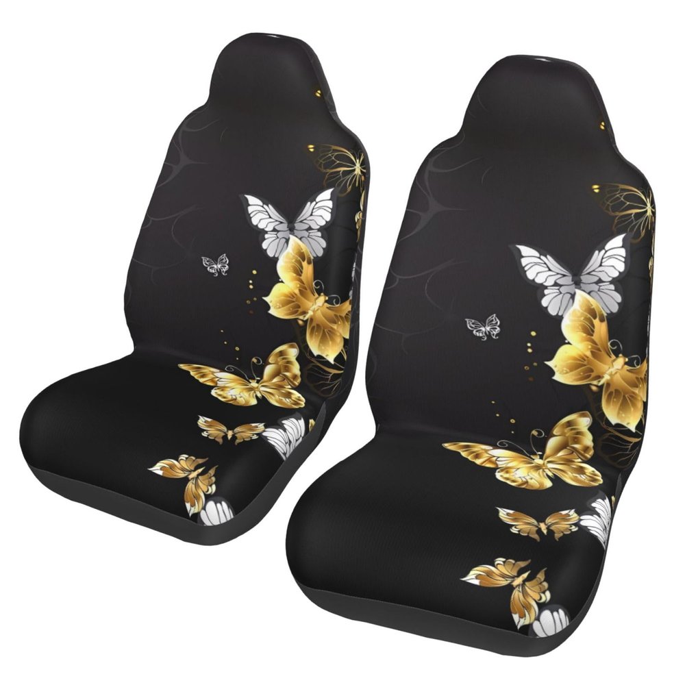 Gold White Butterflies Black Universal Car Seat Covers - Breathable for Front Seats, Fits Car, SUV, Sedan, Truck - Easy-to-Clean, Removable