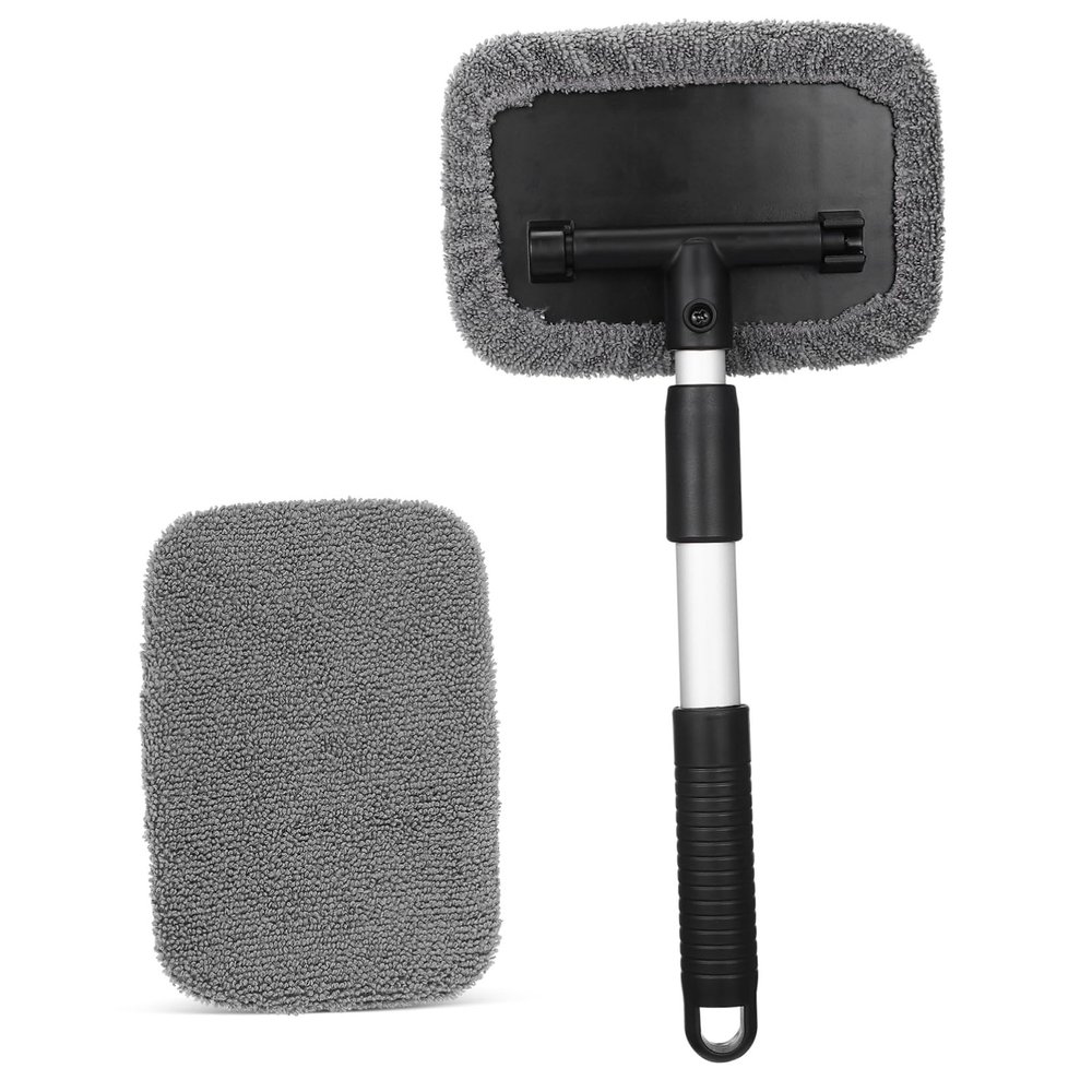 FOMIYES Extendable Car Window Cleaner Brush with Ergonomic Grip Head and Washable Microfiber Pads for Windshield Cleaning and Interior Detailing