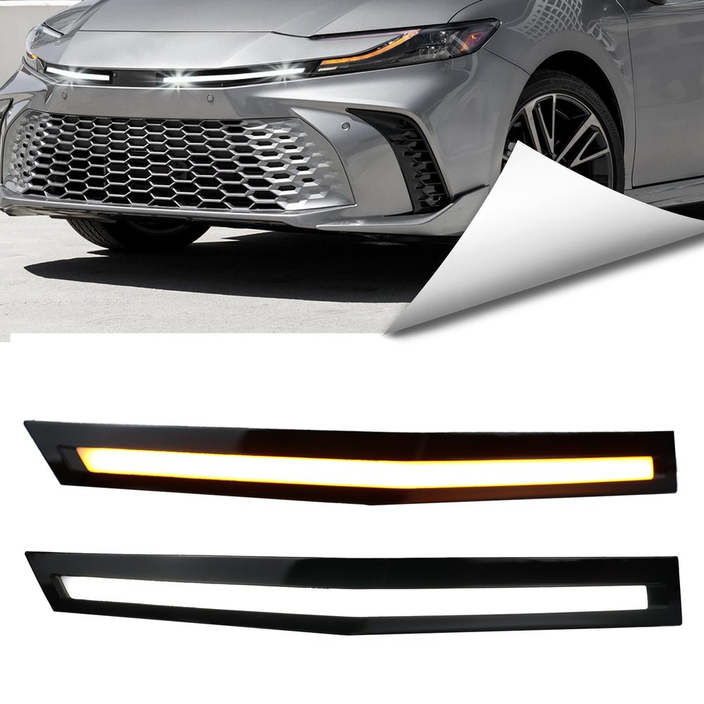 BINQIGOO 2Pcs Grille Lights LED Bar Front Switchback White&Amber LED Daytime Running Lights Compatible with Toyota Camry 2025 SE XSE LE XLE Amber Sequential Turn Signal Light Kit (clear)