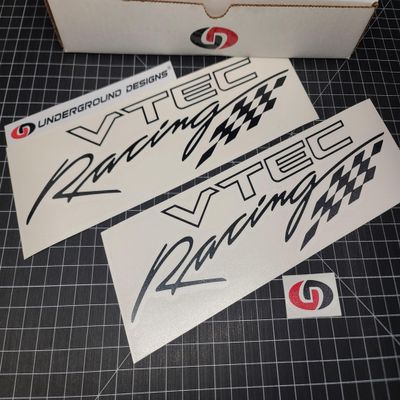 VTEC Racing Script Decals (2pk) Checkered Flag Rocker Fender Window Stickers fits VTEC Dohc Sohc Honda Civic Type R RSX (Matte Blackout)