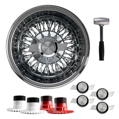 British Wire Wheel 13x7 Reverse 72 Spoke Cross Lace Wire Wheels w/ 2 Ear Chevy Bowtie Cut Knock Off Spinner Caps + Adapters 6x5.5, 6x135 | Chrome Deep Dish Lowrider Rims | Set of 4 + Lead Hammer