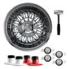 British Wire Wheel 13x7 Reverse 72 Spoke Cross Lace Wire Wheels w/ 2 Ear Chevy Bowtie Cut Knock Off Spinner Caps + Adapters 6x5.5, 6x135 | Chrome Deep Dish Lowrider Rims | Set of 4 + Lead Hammer view 1