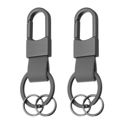 HARFINGTON 2pcs Car Keychain Clip 3.1" x 1.2" Leather Key Ring Key Holder Organizer with 2pcs Detachable Key Rings for Men Women, Grey
