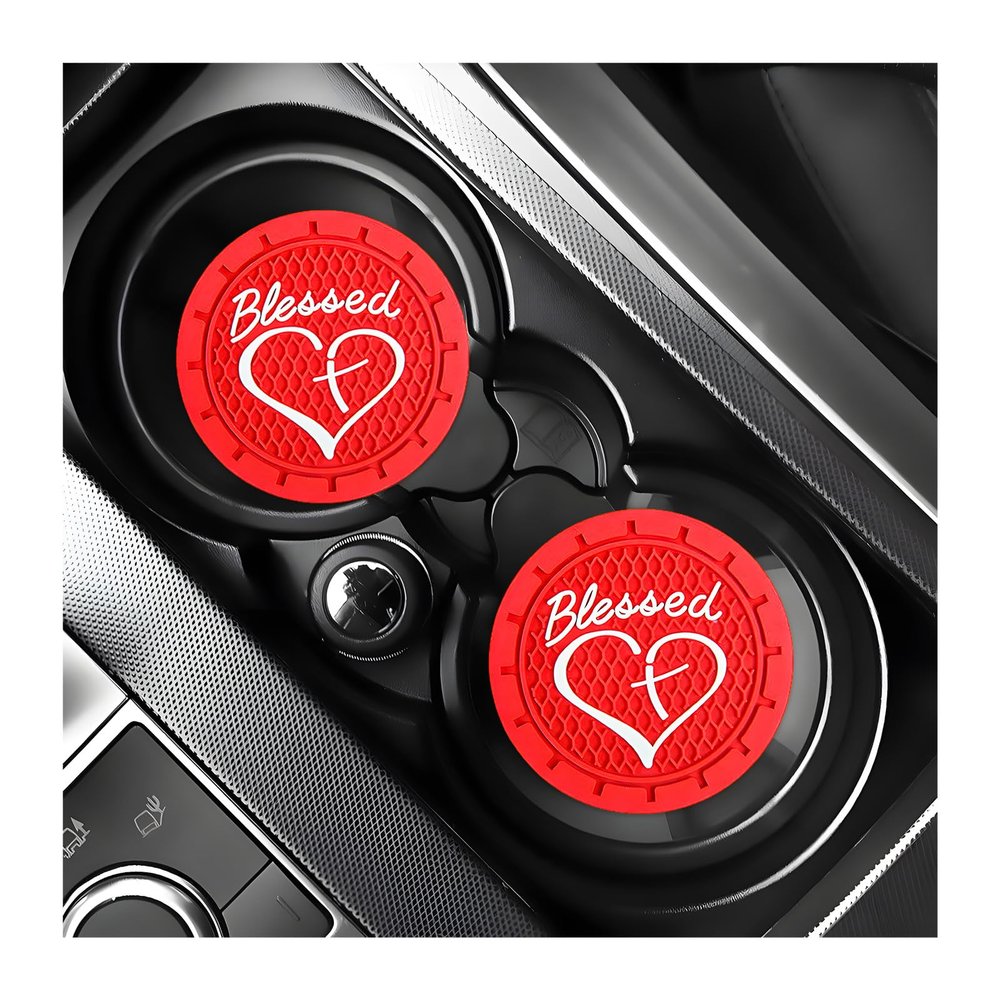 KVAEY 2 PCS Car Cup Holder Coasters, 2.76 Inch Anti Slip Vehicle Drink Mats with Cute Blessed Cross and Heart, Shockproof, Universal Car Accessories (Red, 2 PCS)
