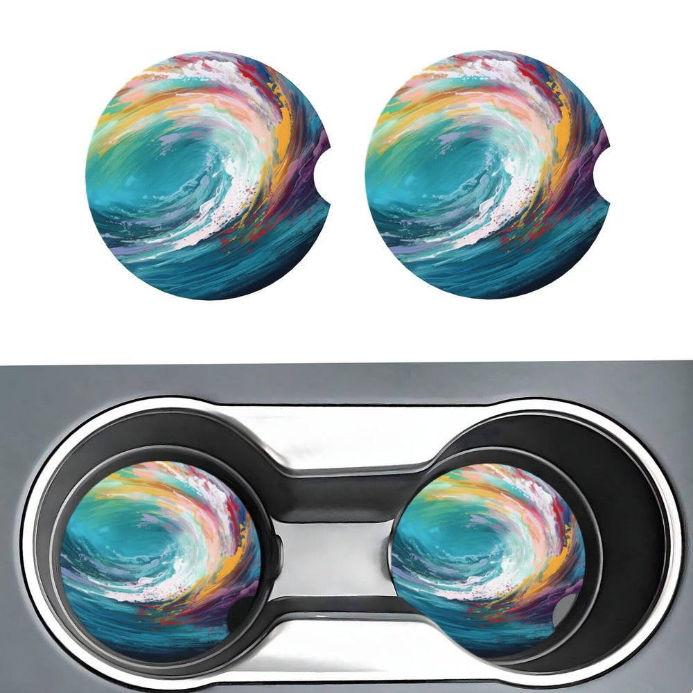 Car Coasters 2 Pack Colorful Wave Painting Car Cup Holder Coasters Ceramic Car Coasters Absorbent Insert Cup Pads Rubber Car Cup Mat Non-Slip Drink Coasters Universal Car Accessories for Most Vehicle
