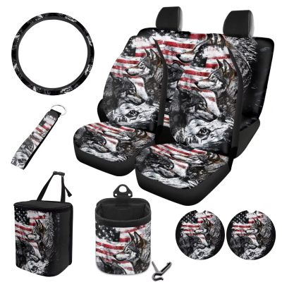 Fipuivrn Wolf American Flag Pattern Auto Accessories Set of 10, Front and Rear Seat Covers Full Set, Steering Wheel Cover, Air Vent Storage Bag, Keychain, Car Trash Can, Cup Holders Car Interior Decor