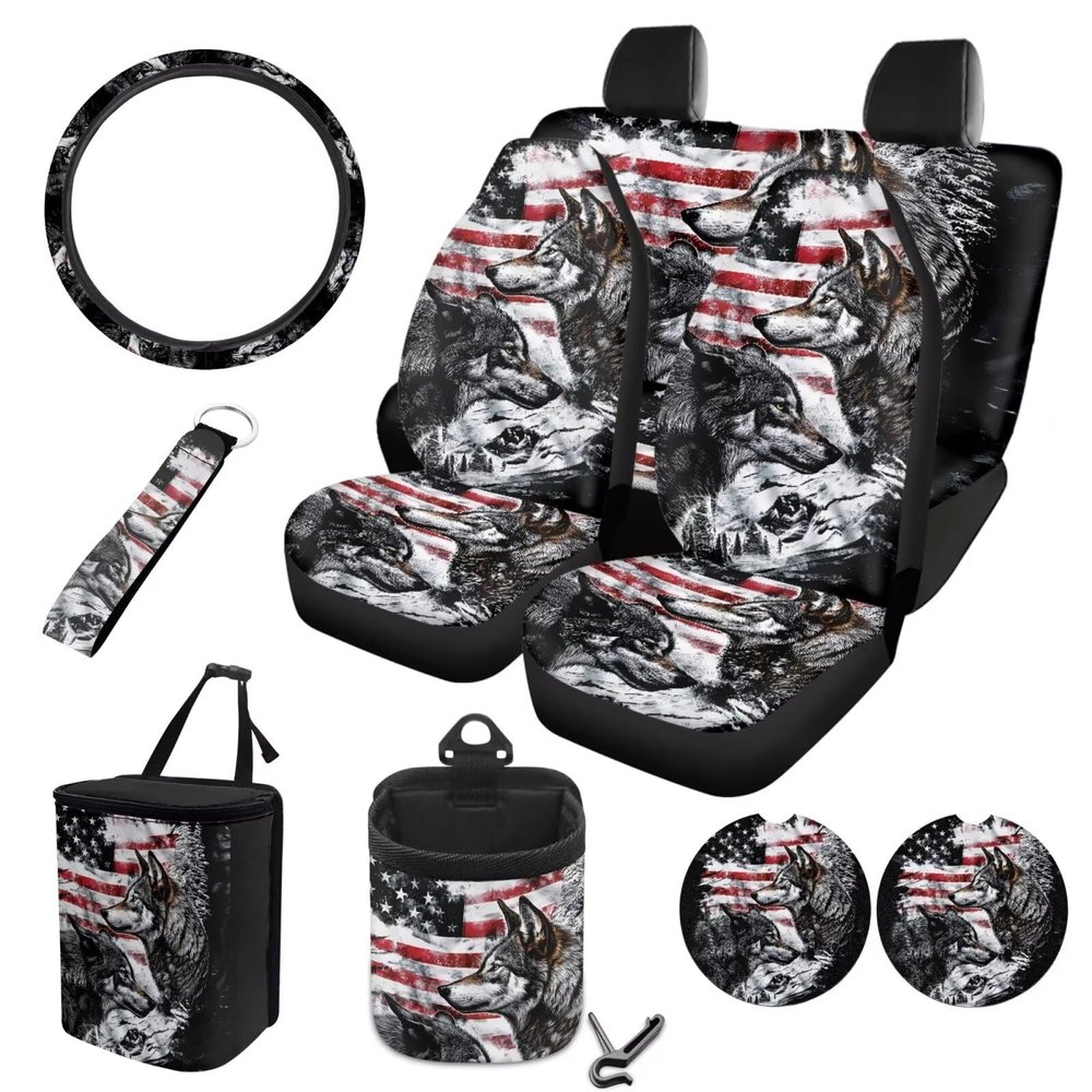 Fipuivrn Wolf American Flag Pattern Auto Accessories Set of 10, Front and Rear Seat Covers Full Set, Steering Wheel Cover, Air Vent Storage Bag, Keychain, Car Trash Can, Cup Holders Car Interior Decor