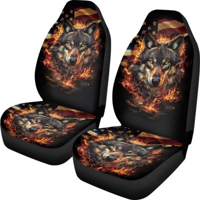 FOR U DESIGNS Car Front Seat Cover Protector 2 Pack Breathable Washable Non Slip Car Seat Pad Amerian Flag & Wolf Print Vintage Car Seat Cushion for SUV Sedan Truck