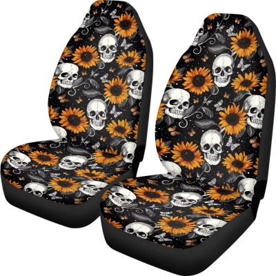 FOR U DESIGNS Goth Car Seat Covers Front Seat Car Seat Protector 2 Pack Universal Breathable Washable Skull & Sunflower Seat Covers for Cars SUVs Sedans Trucks
