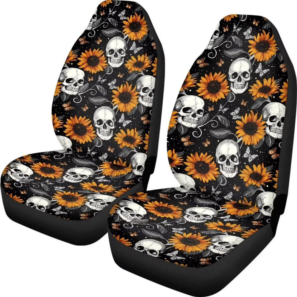 FOR U DESIGNS Goth Car Seat Covers Front Seat Car Seat Protector 2 Pack Universal Breathable Washable Skull & Sunflower Seat Covers for Cars SUVs Sedans Trucks