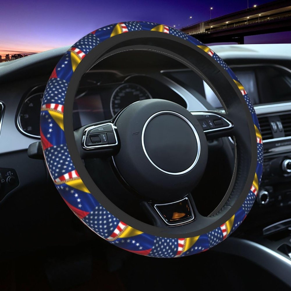 America Flag and Venezuela Flag Car Steering Wheel Covers,Soft Steering Wheel Protector for Women & Men,Universal 15 Inch Auto Car