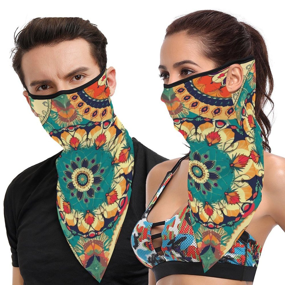 VFKLT Ear Loop Mask Neck Gaiter Face Mask, Round Flower Printed Multifunctional Reusable Face Cover Windproof Face Mask for Women Men Hiking Running