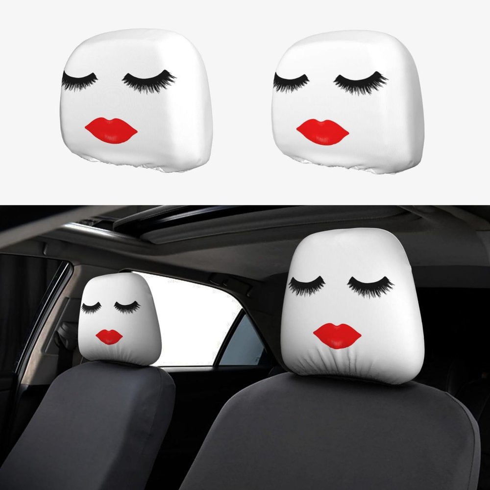 SEOCKA Black Eyelashes Lashes Red Nice Lips 2 Pack Car Headrest Covers Car Seat Head Rest Protector Auto Seat Cover Interior Accessories Universal Fit for Cars Vans Trucks