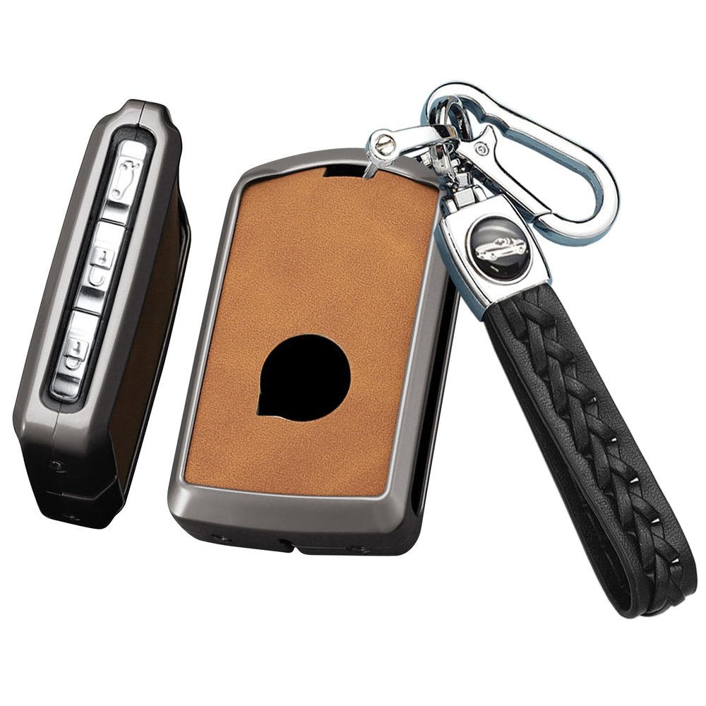 SANRILY Metal Leather Key Fob Cover Compatible with Volv S60 S90 V60 V90 XC90 XC60 XC40 Polestar 1 Polestar 2 Accessories Keyless Key Fob Case with Keychain Brown -B
