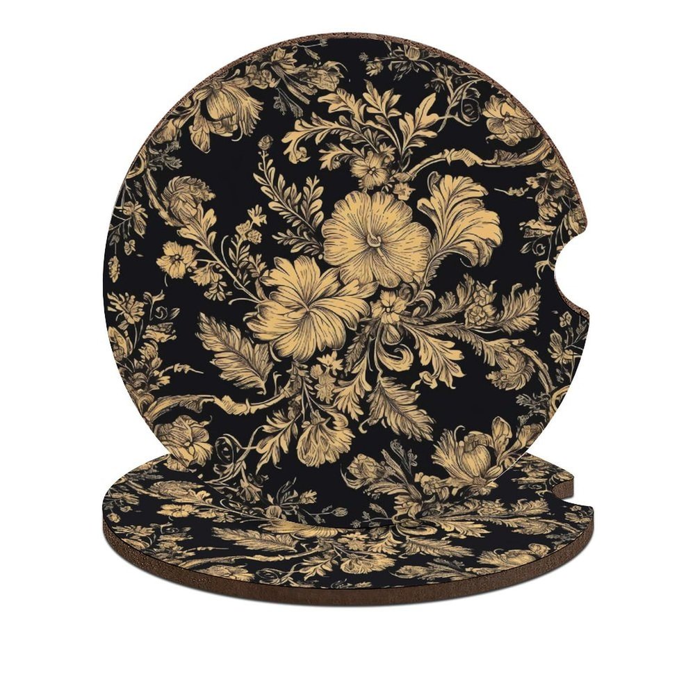 Car Coasters for Cup Holders,Gold Frame Elements Printed Car Cup Holder Coasters,2 Pack Universal Wood Cute Cup Holder Insert with Finger Slot,2.6" Cute Car Accessories Interior for Women Men