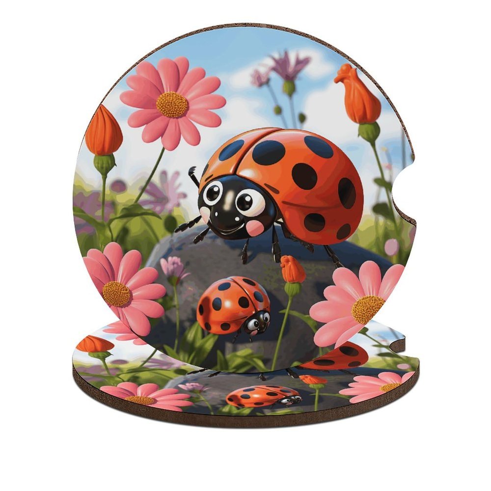 Car Coasters for Cup Holders,Cartoon Ladybug Flower Printed Car Cup Holder Coasters,2 Pack Universal Wood Cute Cup Holder Insert with Finger Slot,2.6" Cute Car Accessories Interior for Women Men
