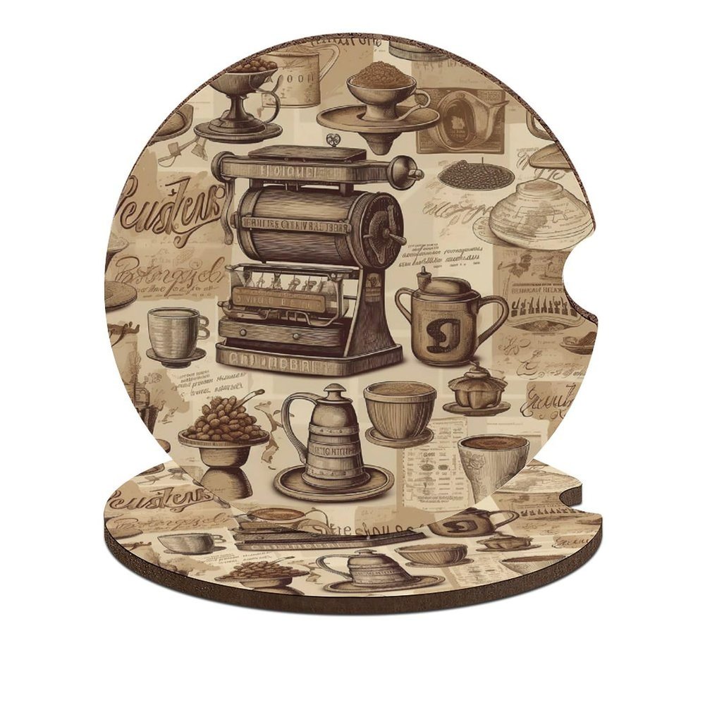 Car Coasters for Cup Holders,Coffee Nostalgia Printed Car Cup Holder Coasters,2 Pack Universal Wood Cute Cup Holder Insert with Finger Slot,2.6" Cute Car Accessories Interior for Women Men