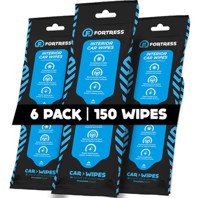 Fortress Car Interior Wipes (25 ct, Pack of 6) for Car Interior Cleaning, Dashboard, Seats, Detailing, and Steering Wheel [Travel Size] Skin-Safe Car Interior Cleaner Supplies