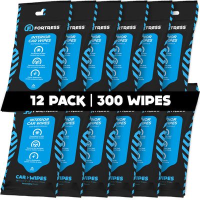 Fortress Car Interior Wipes (25 ct, Pack of 12) for Car Interior Cleaning, Dashboard, Seats, Detailing, and Steering Wheel [Travel Size] Skin-Safe Car Interior Cleaner Supplies