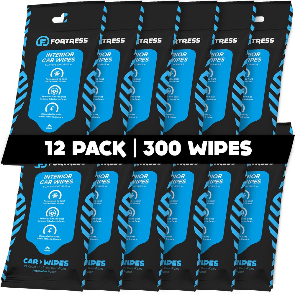 Fortress Car Interior Wipes (25 ct, Pack of 12) for Car Interior Cleaning, Dashboard, Seats, Detailing, and Steering Wheel [Travel Size] Skin-Safe Car Interior Cleaner Supplies