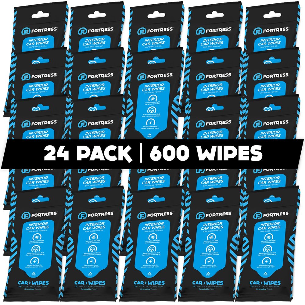 Fortress Car Interior Wipes (25 ct, Pack of 24) for Car Interior Cleaning, Dashboard, Seats, Detailing, and Steering Wheel [Travel Size] Skin-Safe Car Interior Cleaner Supplies