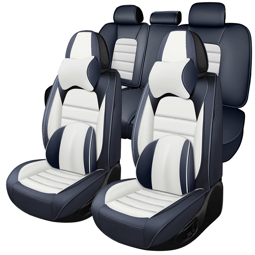 Megaseat Full Set for Kia Sorento Seat Covers 2016-2026, Waterproof Nappa Leather Car Seat Protector, Anti-Slip & Comfortable Car seat Cover (Luxury 5 Seats Blue & White)