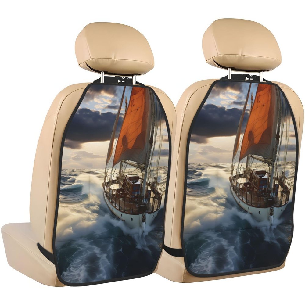 VTCTOASY Kick Mat Back Seat Protector for Car 2 Pack Extra Large Car Back Seat Cover with 3 Storage Pockets Waterproof Seat Back Protector Ocean Sailboat Backseat Car Organizer for Trucks SUV