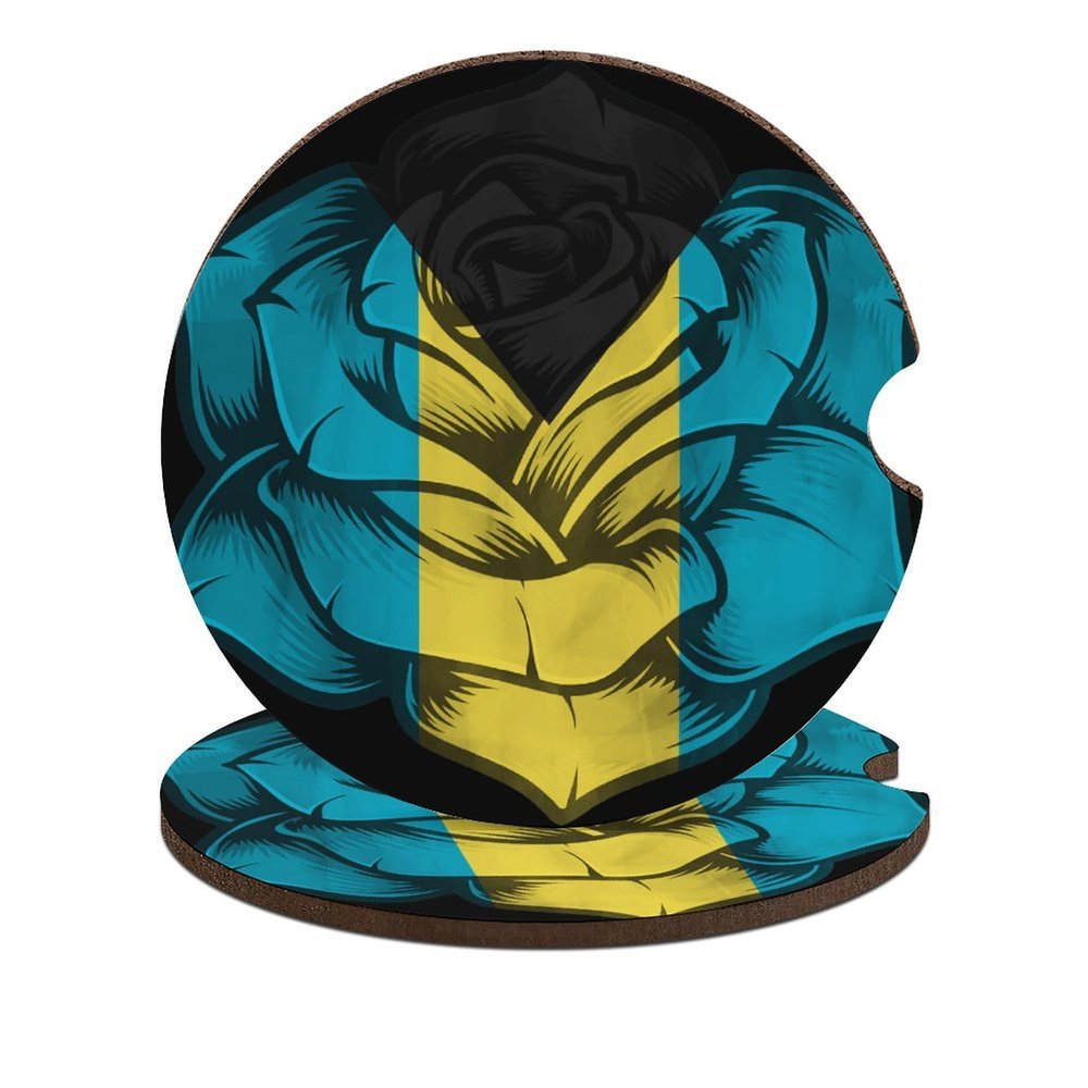 Rose Bahamas Flag Car Cup Holder Coasters,Fun Patriotic Cup Holders Cork Base Drink Coasters with Finger Notch for Women Men 2.6"(2 Pieces) 2PCS