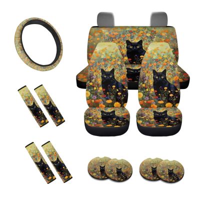 Fipuivrn Cat Flower Print Car Interior Accessories Pack of 13, Car Seat Covers Full Set with Anti Slip Backing + Steering Wheel Cover + Seat Belt Pads + Coasters Interior Covers for SUV Truck Van
