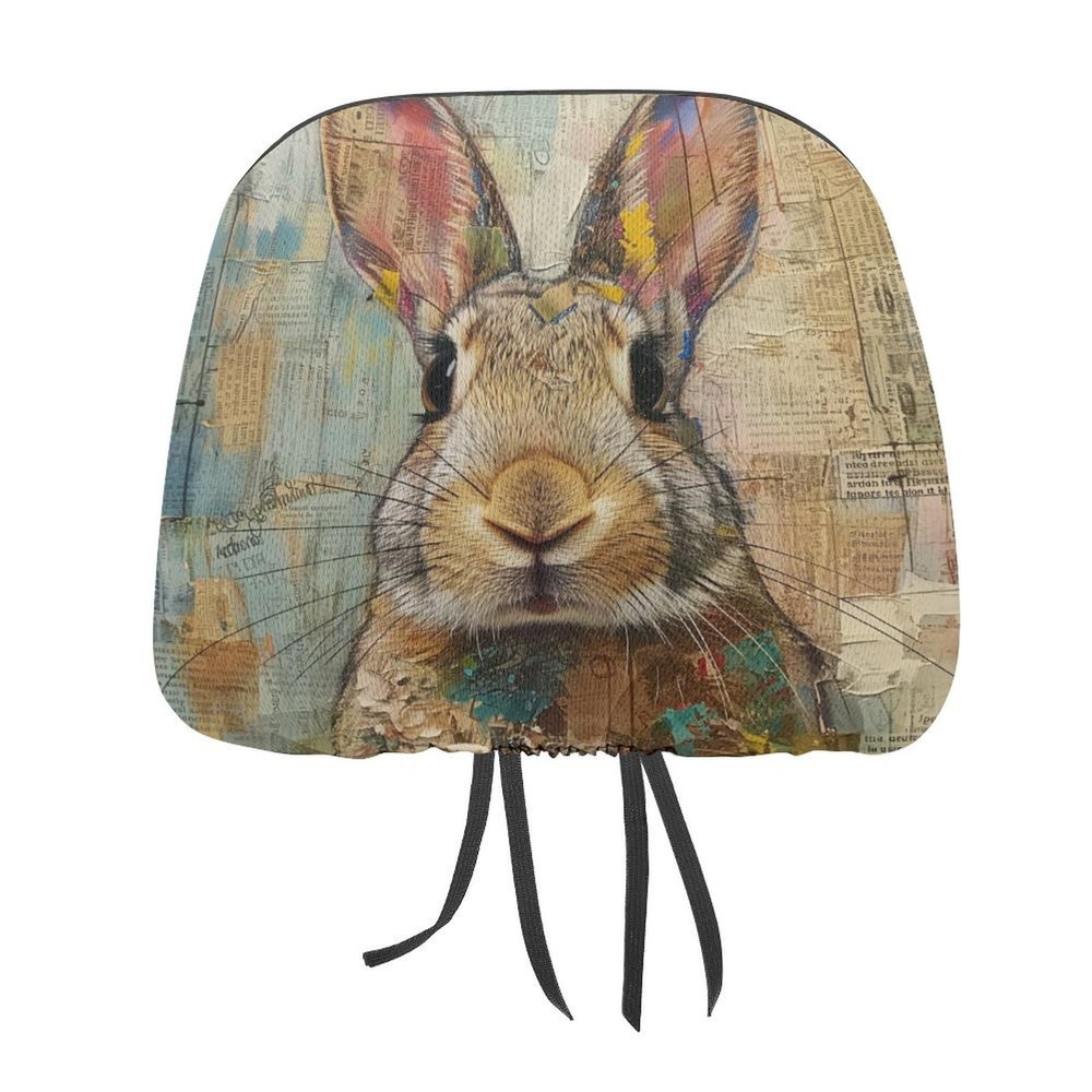 DuduYH Collage Rabbit Printed Car Headrest Cover,2 Pieces, Newspaper Easter Bunny Elastic Comfort Head Rest Cover for Women Men, Universal Fits Most Cars Van SUV Truck, Car Interior Decor Accessories