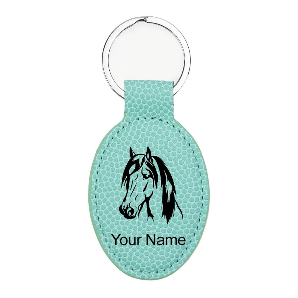 LaserGram Oval Keychain, Horse Head 1, Personalized Engraving Included (Basketball Teal)