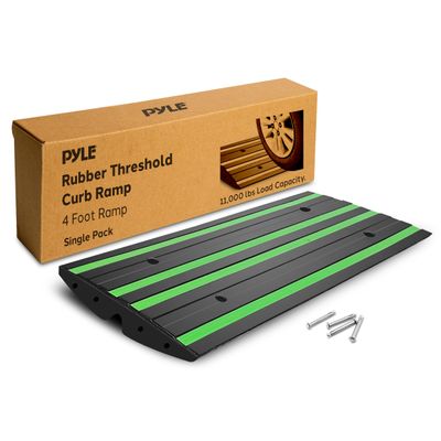 Pyle 4 ft. Rubber Threshold Curb Ramp, Heavy Duty, Non-Slip Car Ramp for Driveways, Garages, and Sidewalks, Green Reflective Strips, Waterproof, with Expansion Screws, 48.0x 16.0 x 2.6 Inch