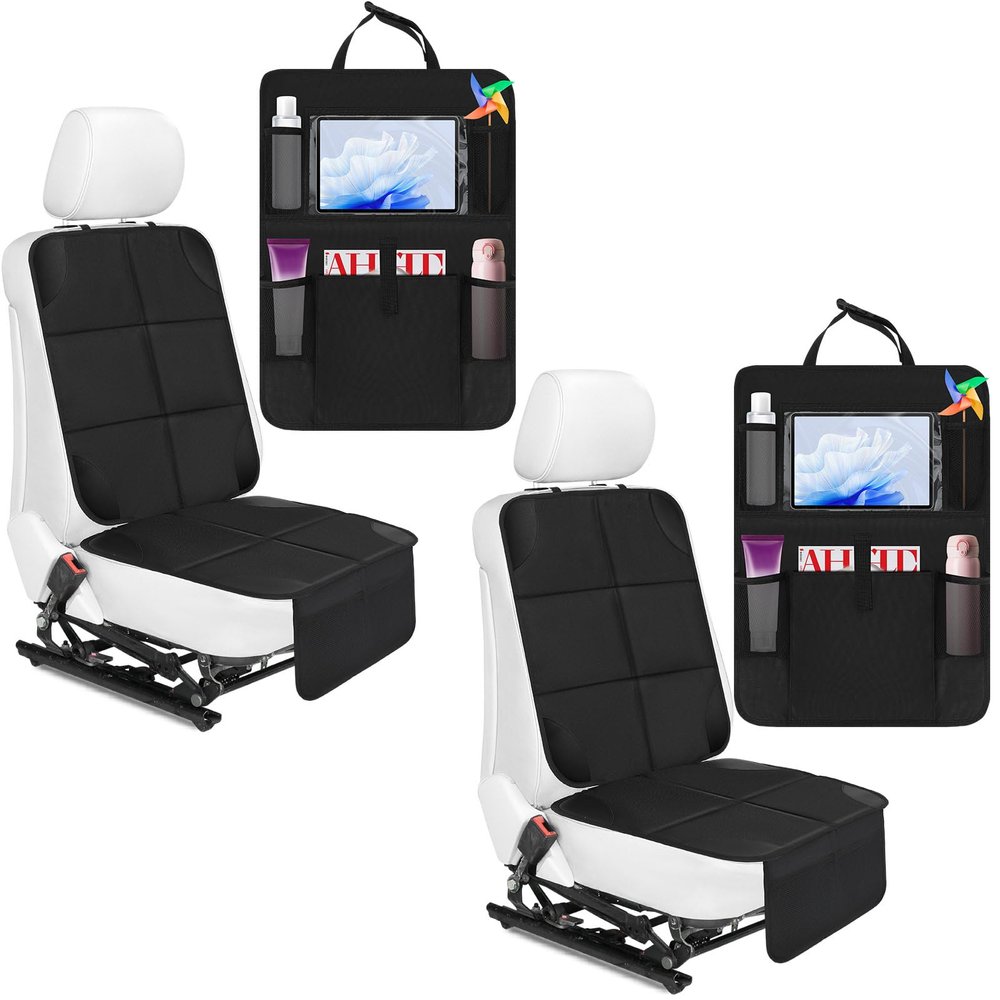 Aurelema 4 Pack Non-slip Car Seat Protector and Backseat Organizer Kick Mat with Tablet Holder, Large Waterproof Car Seat Protector with Storage Pockets for Leather and Fabric