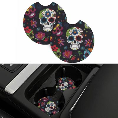 Car Coasters 2 Pack Flower Cactus Sugar Skull Car Cup Holder Pads Non-Slip Drink Coasters Rubber Car Cup Mat Absorbent Insert Cup Pads Universal Car Interior Accessories for Most Vehicle