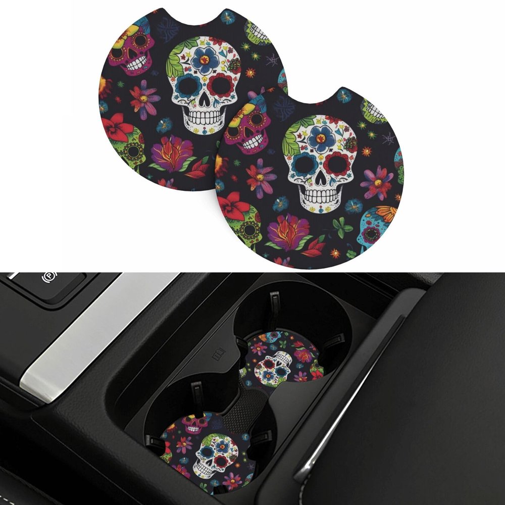 Car Coasters 2 Pack Flower Cactus Sugar Skull Car Cup Holder Pads Non-Slip Drink Coasters Rubber Car Cup Mat Absorbent Insert Cup Pads Universal Car Interior Accessories for Most Vehicle