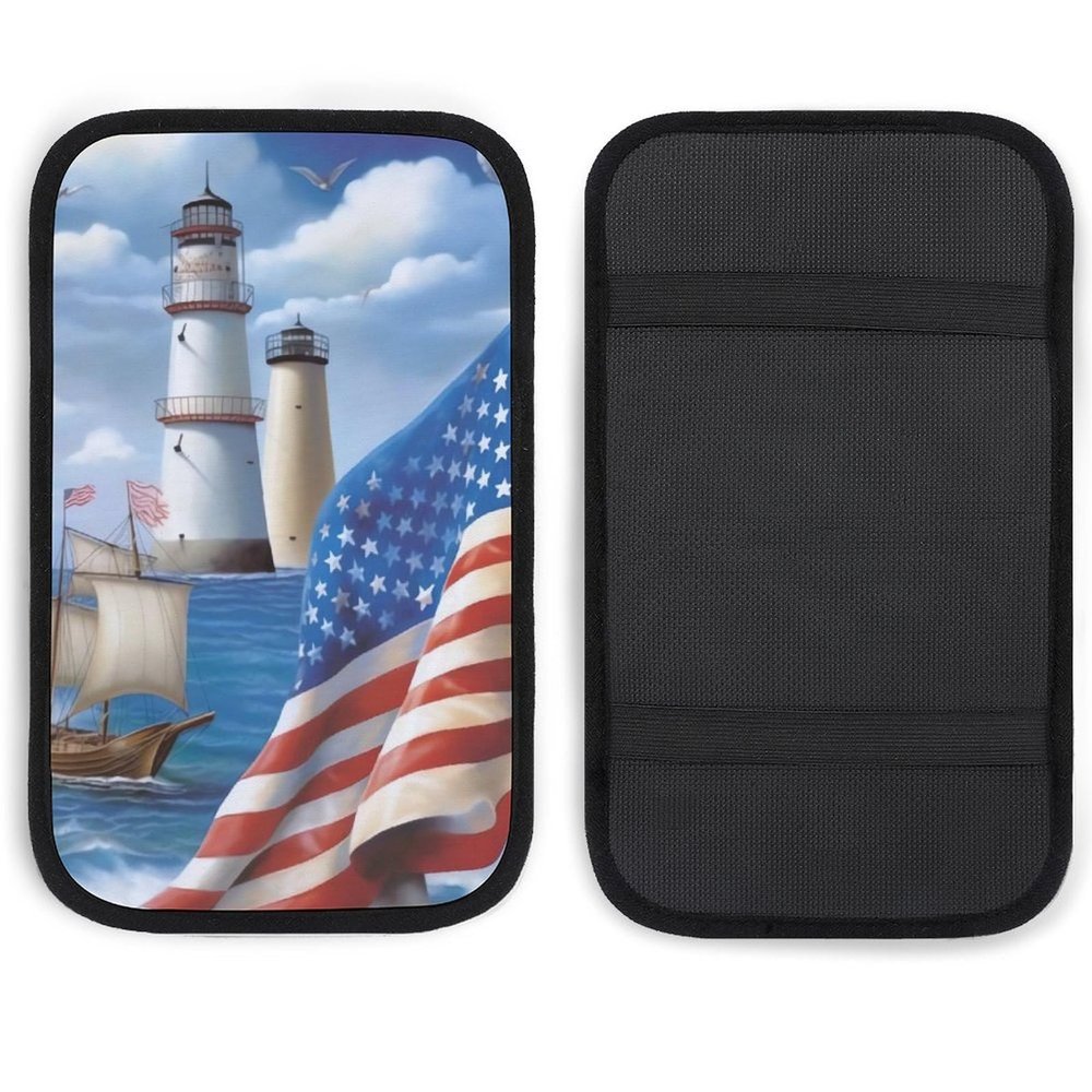 JTREHY Car Center Console Pads, Sea to Shining Sea Patriotic Printed Waterproof Car Armrest Seat Box Cover Universal Car Interior Protection Accessories for SUV, Truck, Car