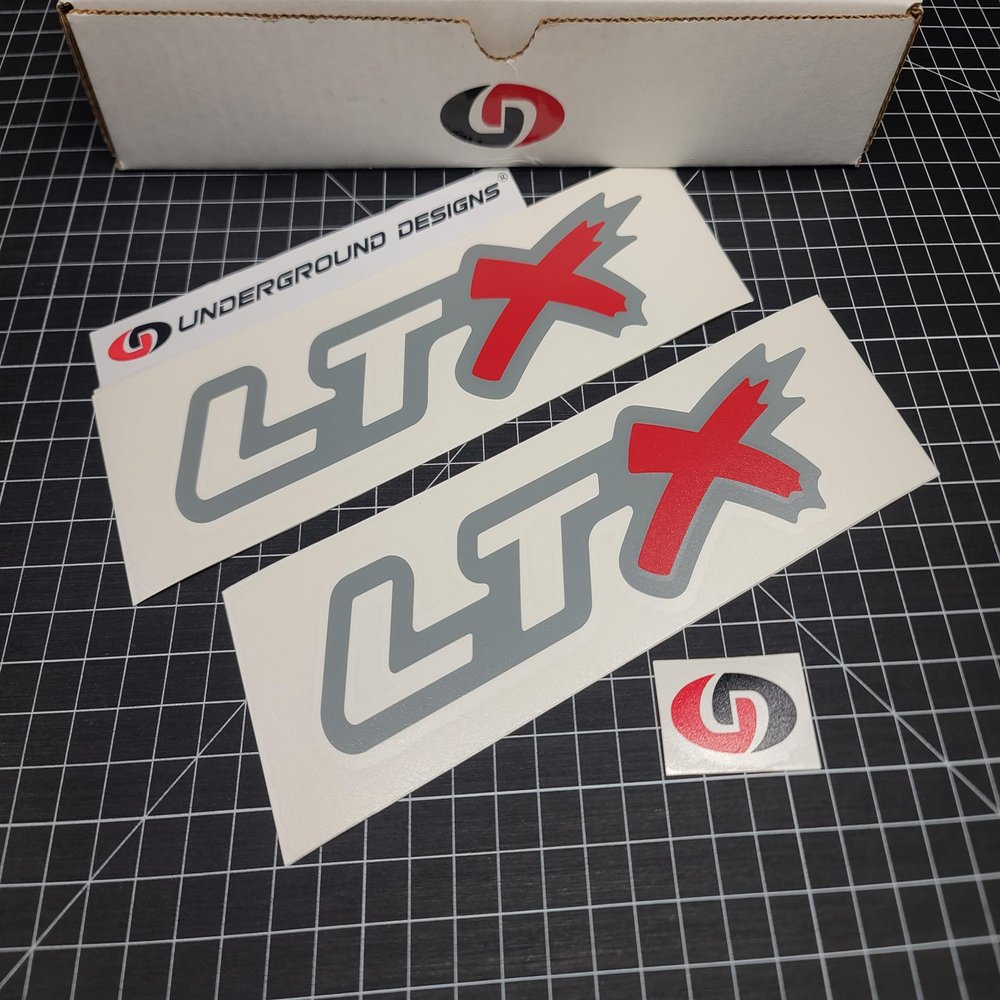 LTX Decals (2pk) Performance Racing Engine Accent Stickers 6.2L LT1 LT4 LT2 LT6 (Gloss Gray & Red 'X', 1.5" x 6.0")