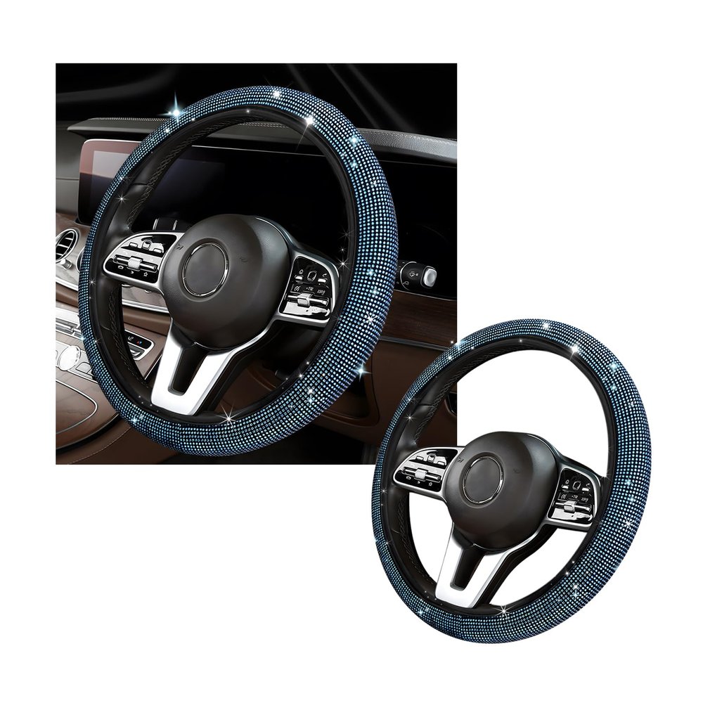 Kewucn Bling Steering Wheel Cover, Crystal Diamond Steering Wheel Protector for Women Girls, 14-15 Inch Sparkling Rhinestone Decor Accessories, Universal Fit for Most Cars, SUVs, Vans (Light Blue)