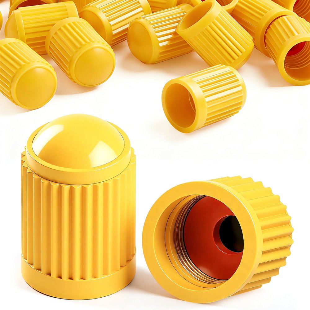 MEAJOO 50PCS Tire Valve Stem Caps, Corrosion Resistant, with O Rubber Ring, Airtight Seal Heavy Duty Dustproof Tire Valve Stem Covers for Cars, SUV, Trucks, Bikes, Motorcycles, Bicycles(Yellow)