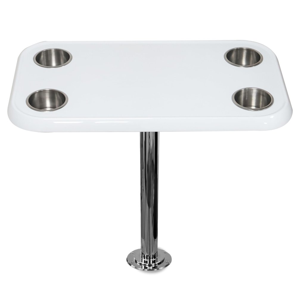 White RV Table Top Set with Secure Mounting Hardware Rectangular Table Set with Heavy-Duty Flat Mount Head, Durable 304 Stainless Steel Stand Post & Cup Holders - Easy to Install & Remove