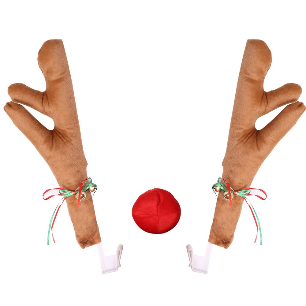Tyenaza Car Reindeer Antlers Nose Set, Christmas Car Decorations with Reindeer Antler, Xmas Jingle Bells & Nose for Window Top and Front Grille (Khaki)