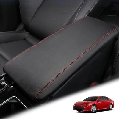 BoxCheer Center Console Cover Suitable for Toyota Camry 2025 (LE/SE/XLE/XSE) Microfiber Leather Armrest Cover Automotive Accessories (Black Leather red line)