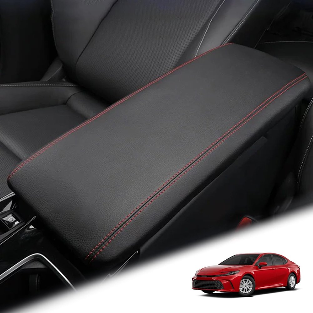 BoxCheer Center Console Cover Suitable for Toyota Camry 2025 (LE/SE/XLE/XSE) Microfiber Leather Armrest Cover Automotive Accessories (Black Leather red line)