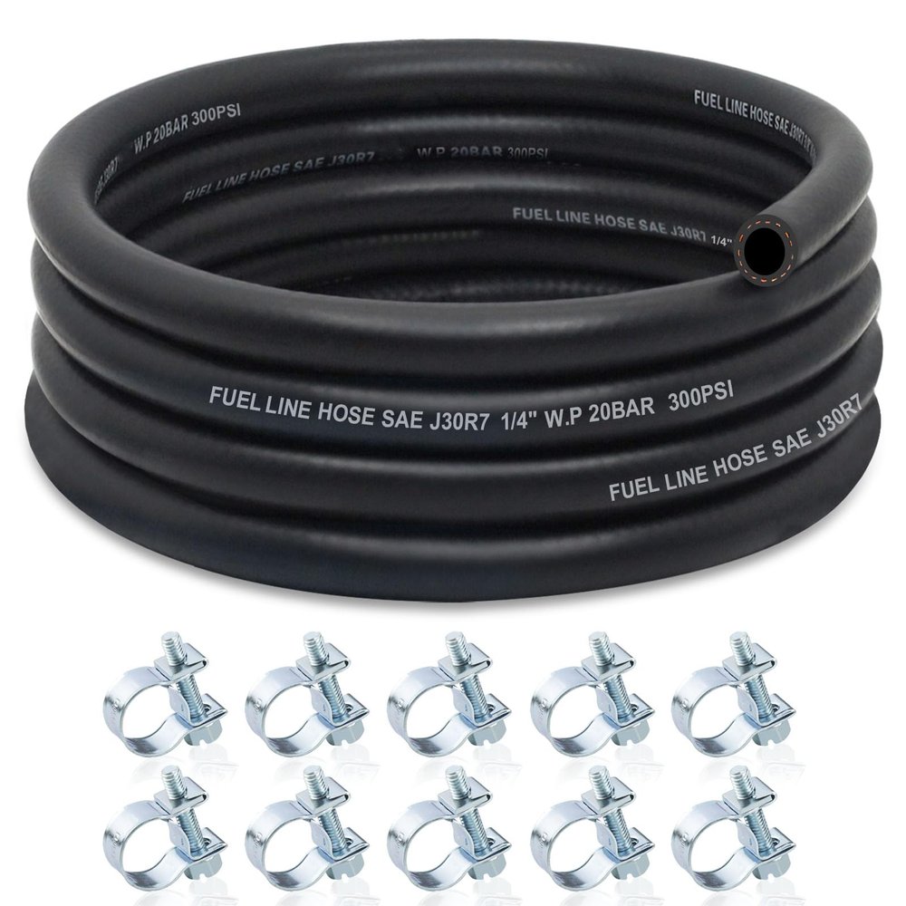 ZONBANG 1/4 Fuel Line, NBR Rubber Fuel Hose Nylon Braided with Hose Clamps, 1/4 Inch Fuel Line Hose for Automotive Vehicles(10FT)