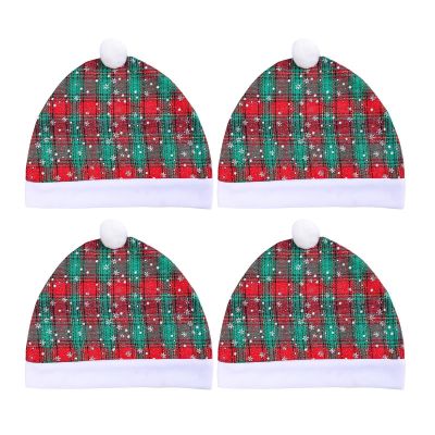 RWUDV 4 Piece Santa Claus Hat Car Seat Headrest Cover, Cute Car Decoration Interior Accessories Functional Cute Vehicle Christmas Decor for Most Car Headrests (Red Green Grid)