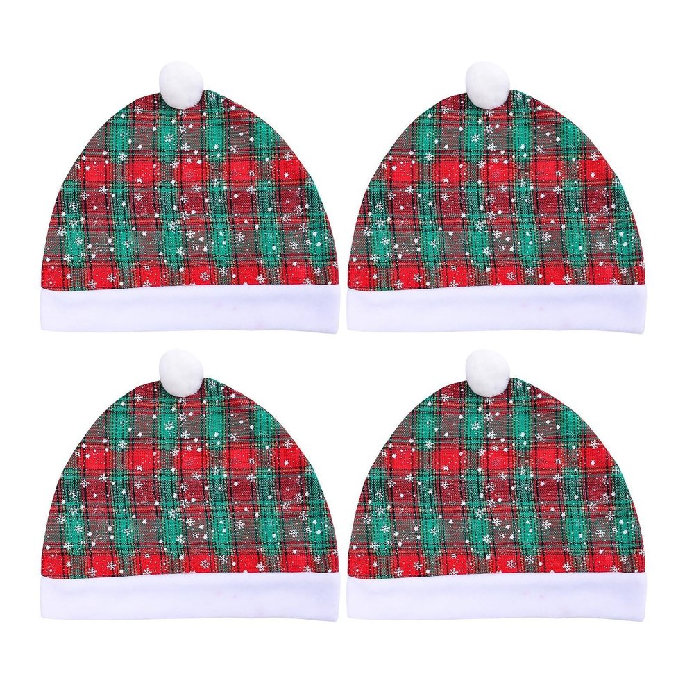 RWUDV 4 Piece Santa Claus Hat Car Seat Headrest Cover, Cute Car Decoration Interior Accessories Functional Cute Vehicle Christmas Decor for Most Car Headrests (Red Green Grid)