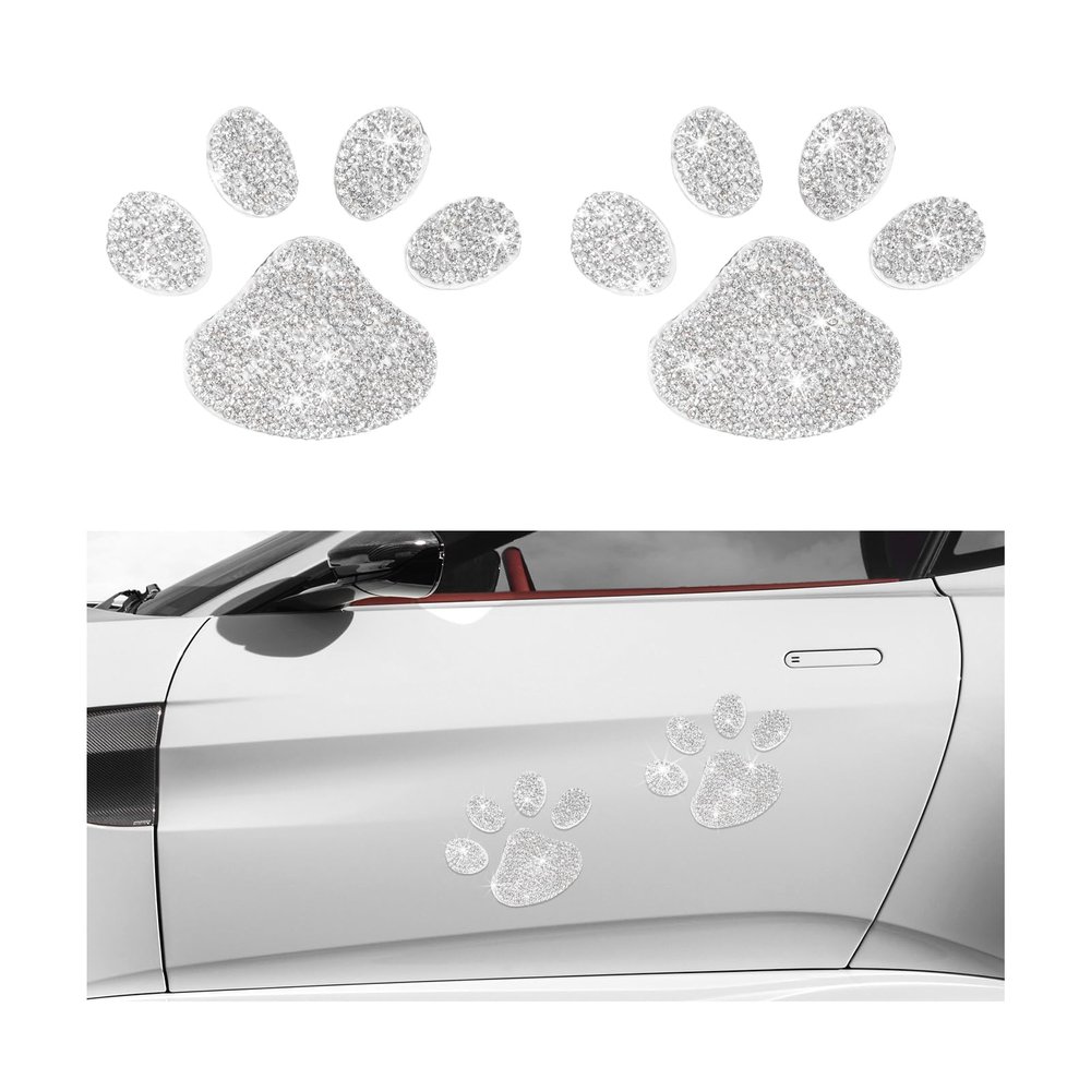 DXNQ 2 PCS Rhinestone Car Stickers, 1.77"1.38" Bling Paw Print Car Sticker Decal, Cute Shiny Car Decals with Self-Adhesive Backing for Car Interior&Exterior Window Laptop Luggage, Car Accessories