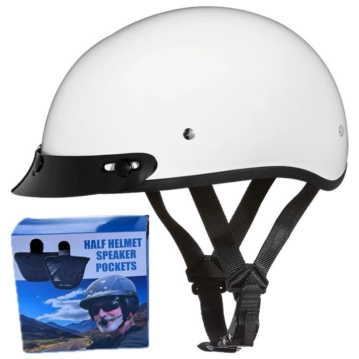 Daytona Helmets Skull Cap Half Helmet- DOT Approved- with Speaker Pockets- Hi-Gloss White- M