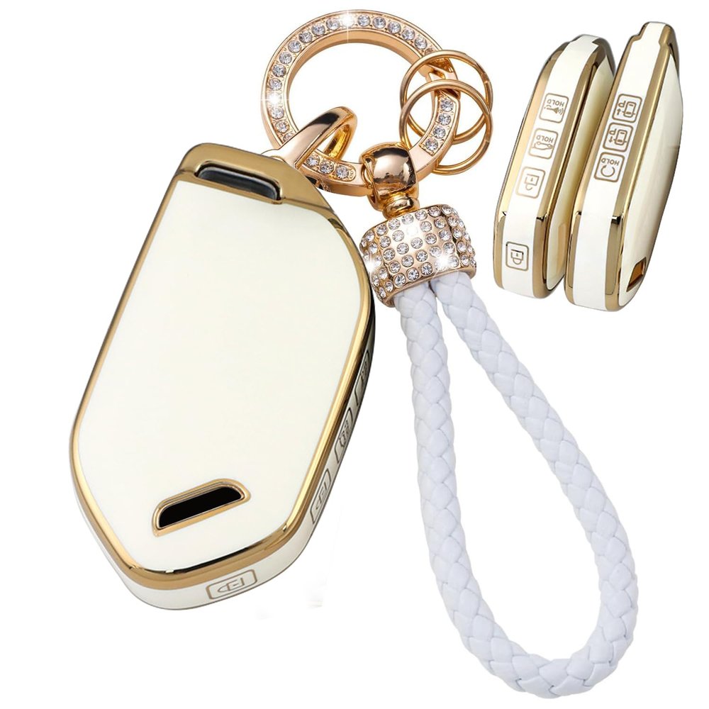 SANRILY Golden-Edge 7 Button Smart Key Fob Cover Fit for Kia Seltos 2024 Telluride EV9 Picanto Sorento All New K5 2023 Keyless Key Case with Keychain BeigeA